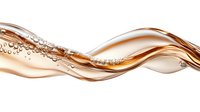 Flowing golden liquid wave with bubbles and droplets creating dynamic splash motion on white background for luxury cosmetics and skincare design projects.