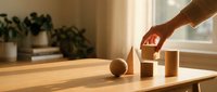 Hand placing wooden geometric shapes on desk in warm sunlit room with plants creating mindful workspace for productivity and focus.