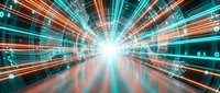 Digital tunnel with glowing light streaks and binary code creating futuristic cyber space for technology and data transfer concepts.