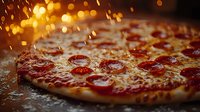 Hot pepperoni pizza with melted mozzarella cheese on dark background with golden bokeh lights and steam rising, close up view of traditional Italian food.
