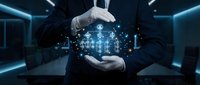 Businessman hands protecting digital network connections with glowing data points and cyber security elements in futuristic technology environment.