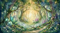 Enchanted forest path glowing with soft light, magical trees, wildflowers, and lanterns in a dreamy watercolor fantasy scene.