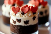 Chocolate mousse dessert topped with whipped cream, red sugar hearts and dark chocolate crumbs served in individual glass. Romantic Valentine's day treat.