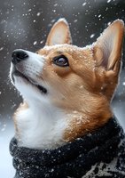 Pembroke Welsh Corgi dog in black scarf looking up while snow falls, close-up portrait showing distinctive facial features against winter background.