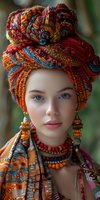 Young woman wearing vibrant multicolored turban and traditional ethnic jewelry with beaded necklace and earrings in orange, red and blue tones.