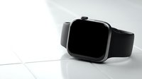 Modern black smartwatch with dark sport band on white surface, minimalist tech accessory for fitness tracking and digital lifestyle applications.