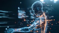 Digital wireframe human figure with glowing network connections and particles against dark background showing technological advancement in healthcare and AI development.