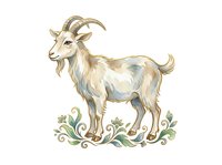 Watercolor goat with curved horns and beard standing on decorative foliage, isolated on white background for design, clipart, and print applications.
