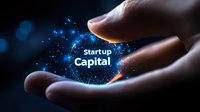 Glowing startup capital text floating between hands with blue luminous particles and bokeh effect on dark background, business concept visualization.