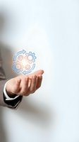 Businessman holding glowing gear and arrow icon symbolizing process optimization, workflow automation, and business efficiency solutions for corporate strategy.