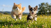 Adorable orange kitten and tricolor corgi puppy sitting together on green grass meadow with wildflowers on sunny day outdoors for pet friendship concept.
