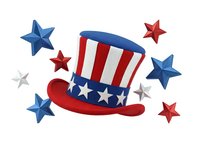 Patriotic Uncle Sam top hat with red, white and blue stripes, stars and band, surrounded by decorative stars in varying sizes. Isolated design element for Fourth of July, Independence Day celebrations and American themed projects.