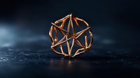Glowing copper geometric star shape on dark reflective surface with dramatic lighting and shadows, modern minimalist artistic composition for luxury branding.