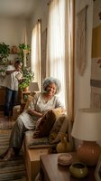 Senior African American woman enjoying peaceful moment in boho living room while daughter tends plants. Cozy home interior with natural light and macrame decor.