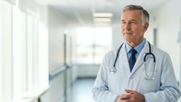 Confident mature male doctor with stethoscope standing in modern hospital corridor, healthcare professional in white coat for medical consultation.