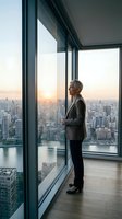 Mature woman in business attire standing at floor-to-ceiling windows overlooking sprawling cityscape at sunset from high-rise office or residential space. Corporate professional contemplation.