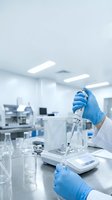 Scientist in blue gloves using pipette in modern laboratory for research and analysis work with precision equipment and sterile environment.