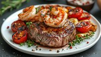 Grilled beef steak and shrimp with roasted cherry tomatoes on white plate, garnished with fresh herbs and pink peppercorns, surf and turf dinner presentation.