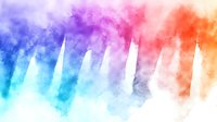 Vibrant watercolor cityscape silhouette with gradient rainbow colors from blue to orange, modern urban skyline emerging through misty atmospheric effect.