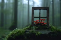 Mystical forest scene with red mushrooms growing through vintage wooden window frame on mossy ground, creating enchanting fairy tale atmosphere in foggy woods.