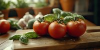 Fresh ripe tomatoes on vine with water drops and basil leaves on rustic wooden cutting board, natural light food photography for cooking background.