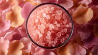 Pink Himalayan salt crystals in glass bowl on pink petals background, macro photography showing mineral texture and natural crystalline structure.