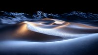 Dramatic sand dunes illuminated at night with glowing peaks and deep shadows creating surreal desert landscape under moonlight, mystical nature scenery in blue tones.