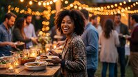 Young African American woman smiling at outdoor dinner party with string lights and friends enjoying evening meal together celebrating special occasion.