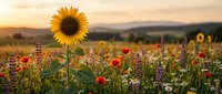 Sunflower stands tall in wildflower meadow at golden hour sunset with poppies and diverse blooms creating natural countryside landscape for agriculture concepts.