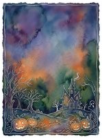 Spooky Halloween night scene with haunted house, jack-o-lanterns and bare trees under colorful twilight sky for seasonal greeting cards and decorations.