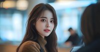 Young Asian woman with long brown hair wearing turtleneck sweater in cafe setting with blurred background.