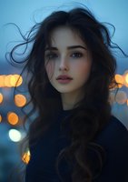 Young Asian woman with flowing dark hair against blurred city lights background, wearing dark sweater. Natural makeup and dreamy expression create romantic mood.