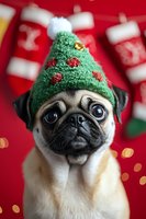 Adorable pug wearing festive green Christmas tree hat with decorations against red background with bokeh lights and holiday stockings. Pet holiday portrait.