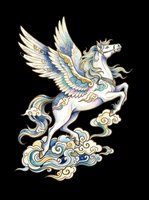 Ornate winged horse with decorative clouds isolated on transparent background, ready for t-shirt design, stickers, sublimation, print-on-demand products and clipart applications.