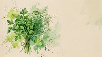 Watercolor bouquet of fresh green herbs, parsley and dill tied with twine, on a beige background with paint splashes.