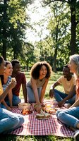 Diverse group of young adults enjoying outdoor picnic in sunny park with food and drinks on checkered blanket surrounded by green trees.