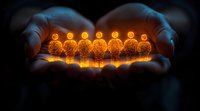 Glowing orange stick figures standing in line held in cupped hands against dark background, representing community, teamwork and human resources management.