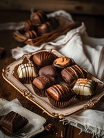Assorted luxury chocolate truffles and pralines with dark, milk, and white chocolate on vintage porcelain plate with white linen napkin on wooden surface in moody lighting.