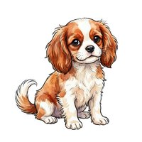 Cavalier King Charles Spaniel puppy with brown and white coat isolated on white background, ready for pet-related designs, greeting cards, and merchandise applications.