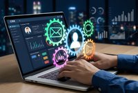 Business professional using laptop with glowing digital icons for CRM, email marketing, analytics and customer management in modern office environment.