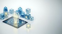 Digital lock symbol emerging from smartphone screen with blue and transparent geometric cubes, representing cybersecurity, data protection, and mobile encryption technology for tech and security concepts.
