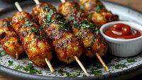 Grilled chicken meatballs on wooden skewers with herbs and dipping sauce, appetizer ready for barbecue party or restaurant menu presentation.