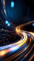 Abstract digital highway with glowing light trails and binary code background, representing high-speed data transfer and technological advancement in modern connectivity.