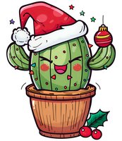Cheerful cartoon cactus wearing Santa hat and decorated with Christmas ornaments in terracotta pot, with holly berries and colorful stars, isolated on white background.