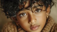 Young mixed-race woman with curly hair and brown eyes wearing cozy knit sweater, natural beauty portrait for lifestyle and fashion content.