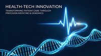 Young male healthcare professional, Caucasian ethnicity, wearing medical attire, analyzing digital health data with glowing blue DNA helix and heartbeat waveform visualization on dark background for medical technology and precision medicine concepts.