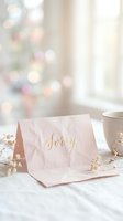 Blush pink sorry card with gold calligraphy script, dried flowers, and soft bokeh background, conveying apology and forgiveness.