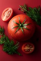 Fresh ripe tomatoes with water drops and dill on dark red background. Close up view of whole and cut vegetables for cooking and healthy eating.