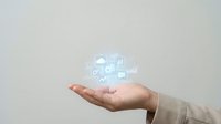Business professional hand presenting holographic digital interface with data analytics icons and charts for modern technology presentation.