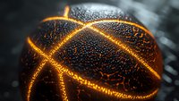 Glowing basketball with water drops on dark background, dramatic sports equipment macro photography showing texture and light details. Ideal for sports marketing.